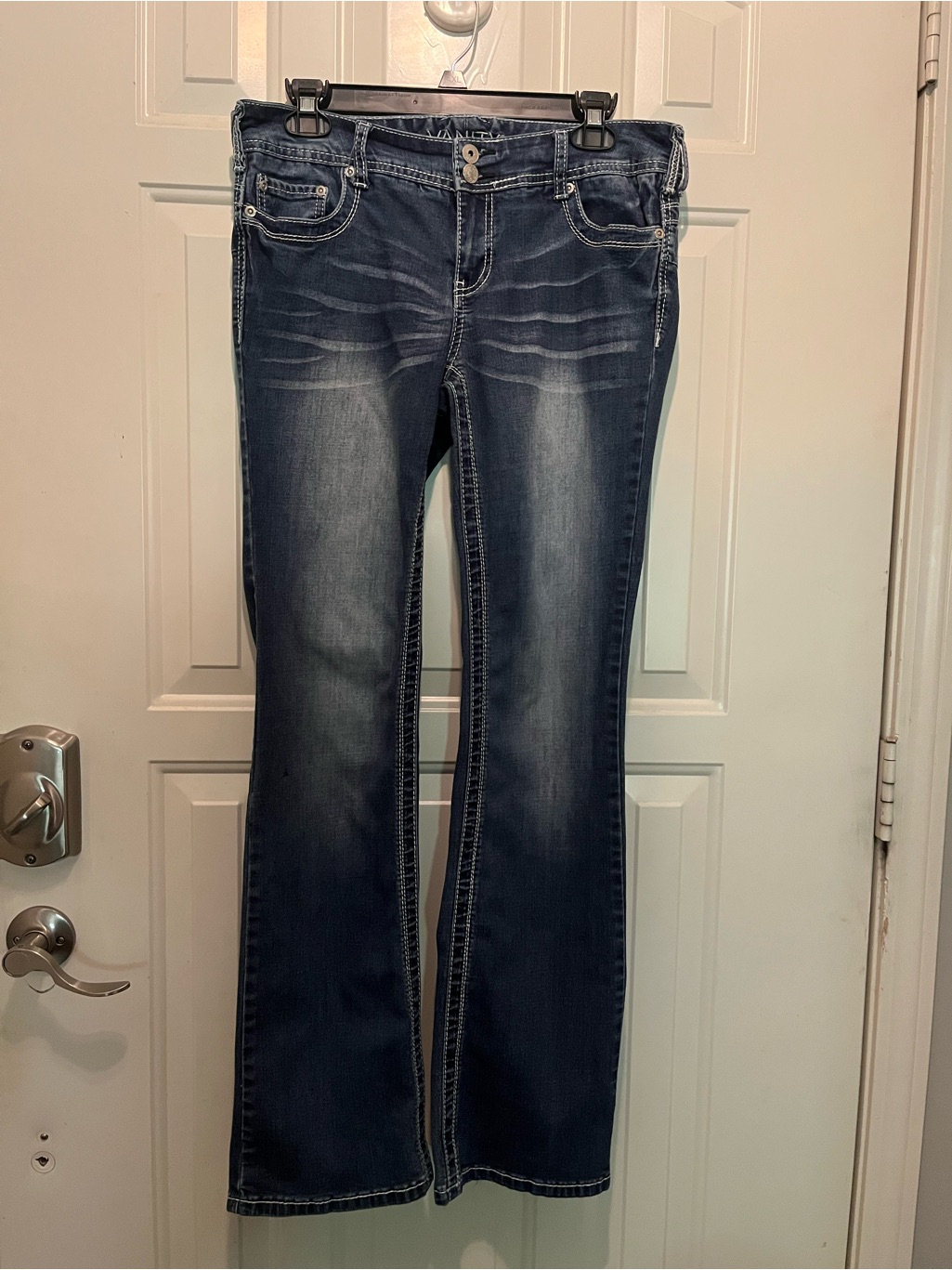 Vanity Dark Blue Flare Jeans With Faded Whiskering